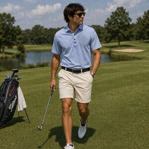 Collars & Co Semi Spread Mens Dress Collar Polo Shirt Blue White Houndstooth L